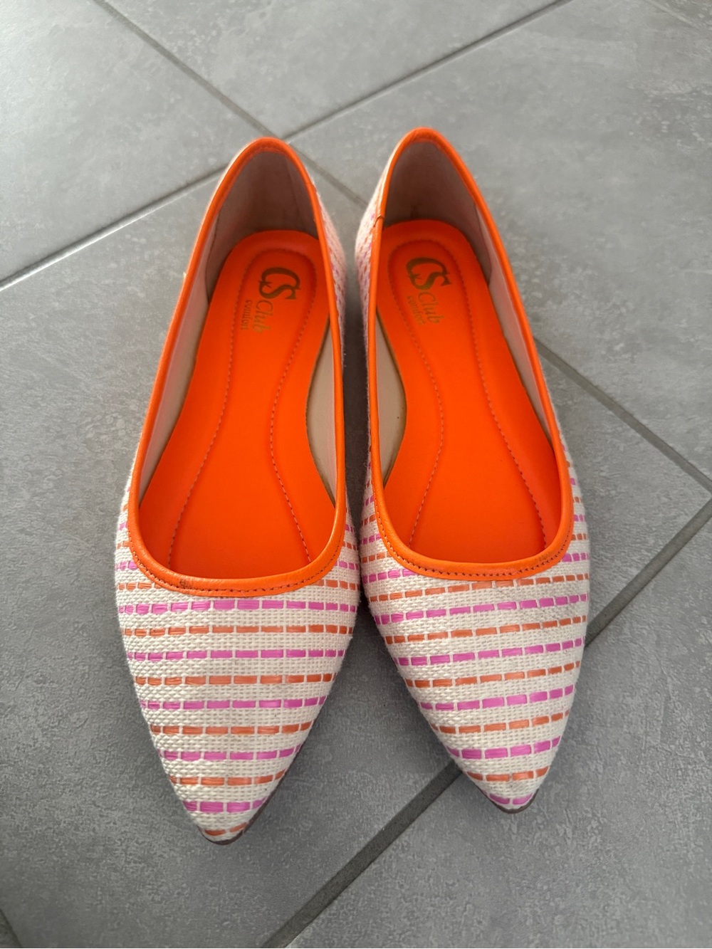 Pointed Toe Flats with Pink and Orange Stripe Detail